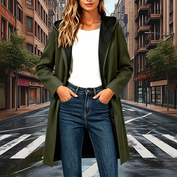 WIZUTIZ Women's Solid Color Wool Blend Hooded Coat Long Sleeve Loose Fit Lined Warm Winter Overcoat with External Pockets Casual Daily Outerwear