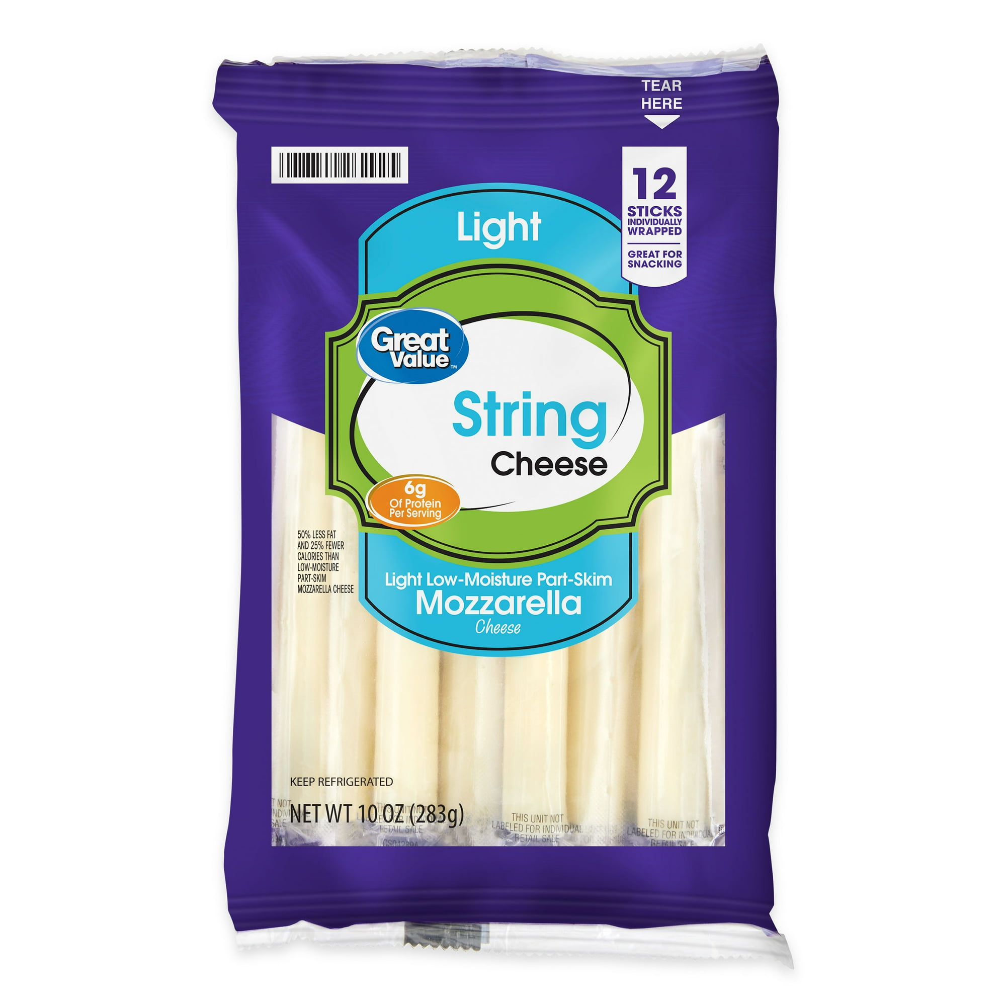 Great Value Light Mozzarella String Cheese Snack, 10 oz Bag, 12 Cheese Sticks
