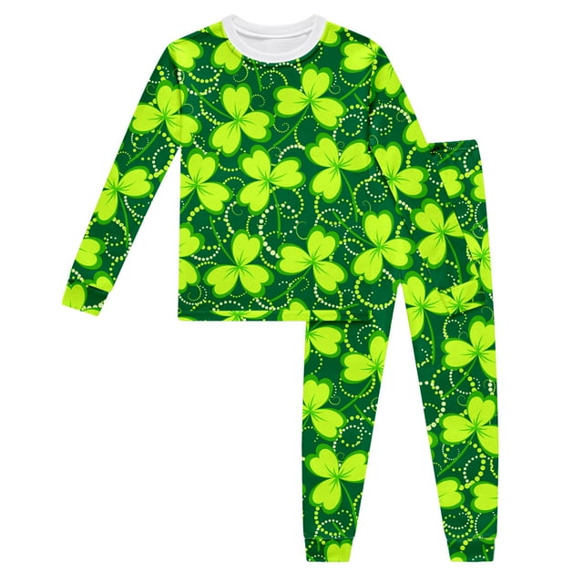Pyjama pour Enfants Garçons et Filles Tout-Petits Fête de la Saint-Patrick Manches Longues Imprimé Trèfle à Quatre Feuilles Hauts Pantalons Ensembles de Pyjama Pyjama Ado Fille Vert 4 Ans-5 Ans