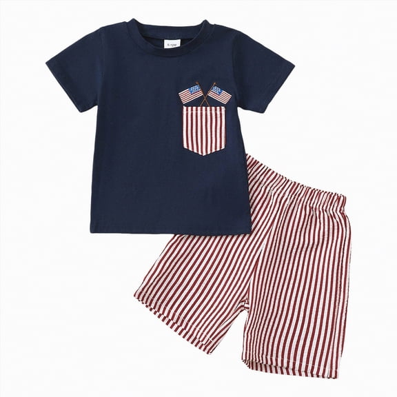 kpoplk 4th of July Infant Baby Boy Outfit Short Sleeve Letter Tops Toddler Boys Independence Day Party Shorts Set Size 12-18 Months,Blue