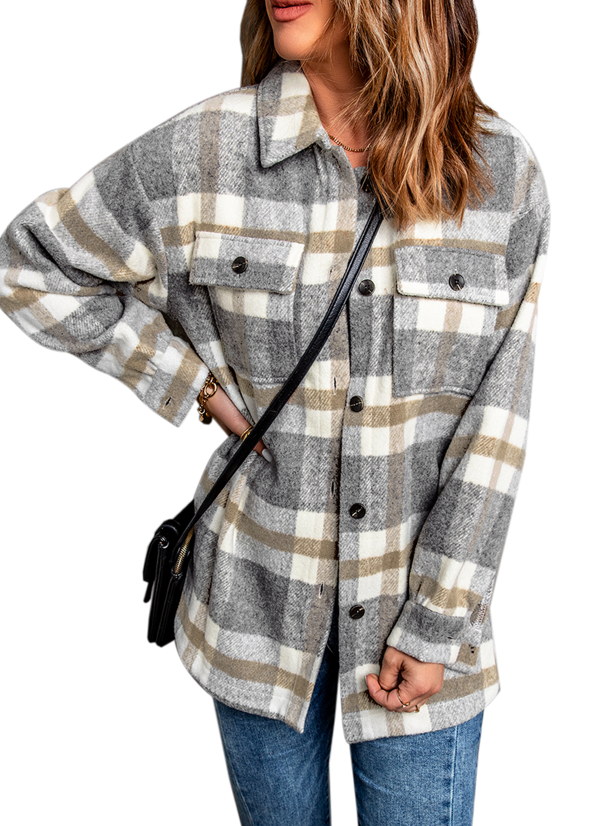 Asyoly Women's Flannel Plaid Shirts Jacket Long Sleeve Lapel Button