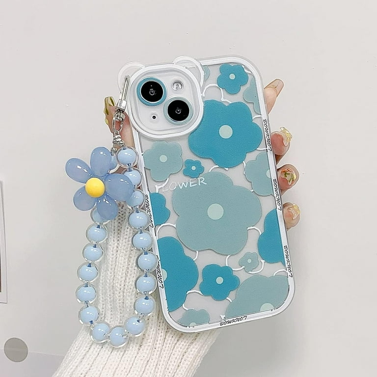 Pretaco For IPhone 16 Case, Cute Clear Blue Floral Bear Camera