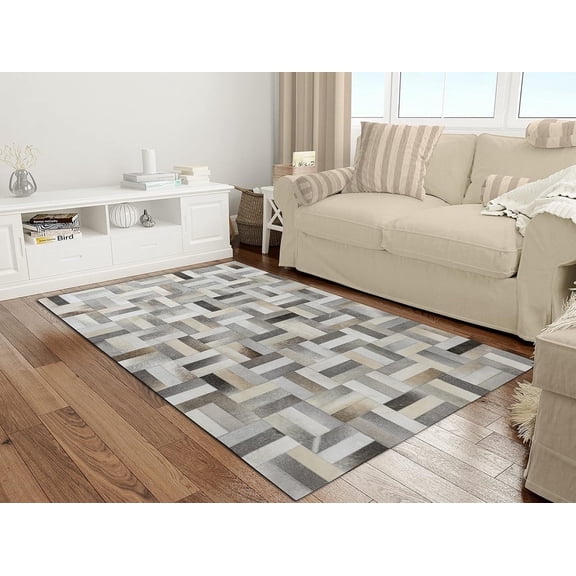 Artcore Artcore Geometric Gray Hair on Hide, Leather Hide Rugs, 3' x 5', Handmade