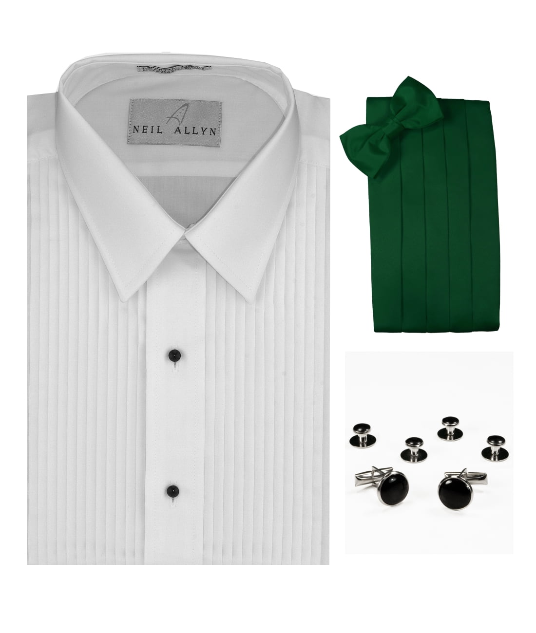 Tuxedo Shirt, Emerald Green Cummerbund, BowTie, Cuff Links & Studs Set
