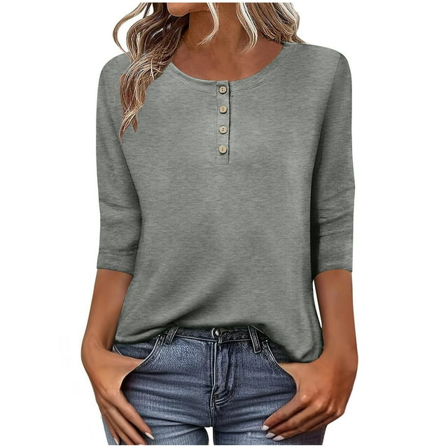 Lenpel Hauts pour Femmes à Manches 3/4 Printemps Été Col Ras du Cou Boutonnage Quart T-Shirts Décontractés Tunique Tee Blouses