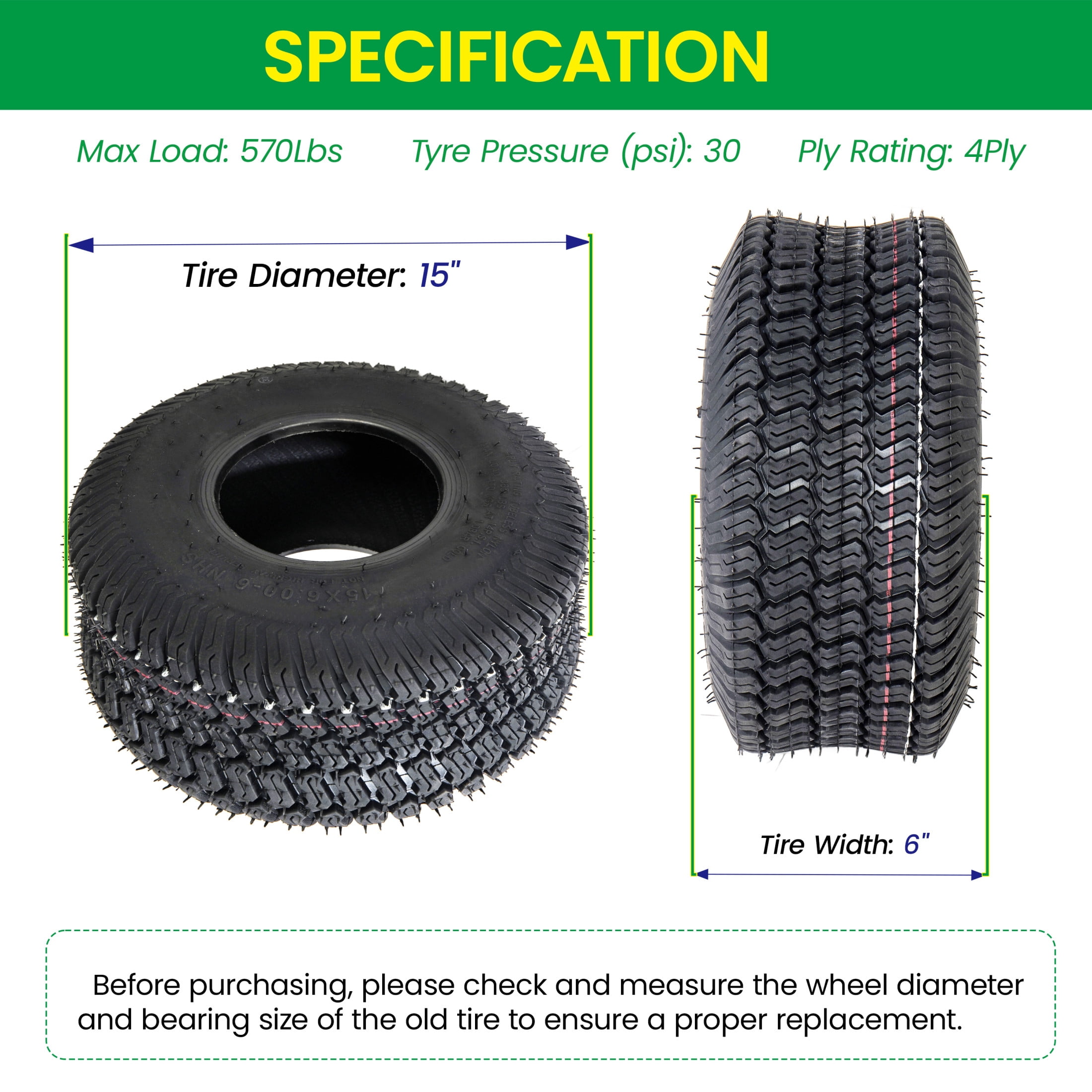 Noble House 15" x 6" 4-Ply Tubeless Turf Tread Lawn Mower Tires, Heavy Duty for Large Garden Tractors, Black, Set of 2