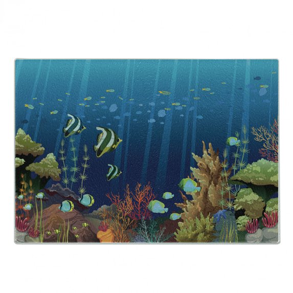 Under the Sea Cutting Board, Coral Reef with Sea Creatures Tropical Oceanic Life Exotic Fishes and Seaweed, Decorative Tempered Glass Cutting and Serving Board, Small Size, Multicolor, by Ambesonne