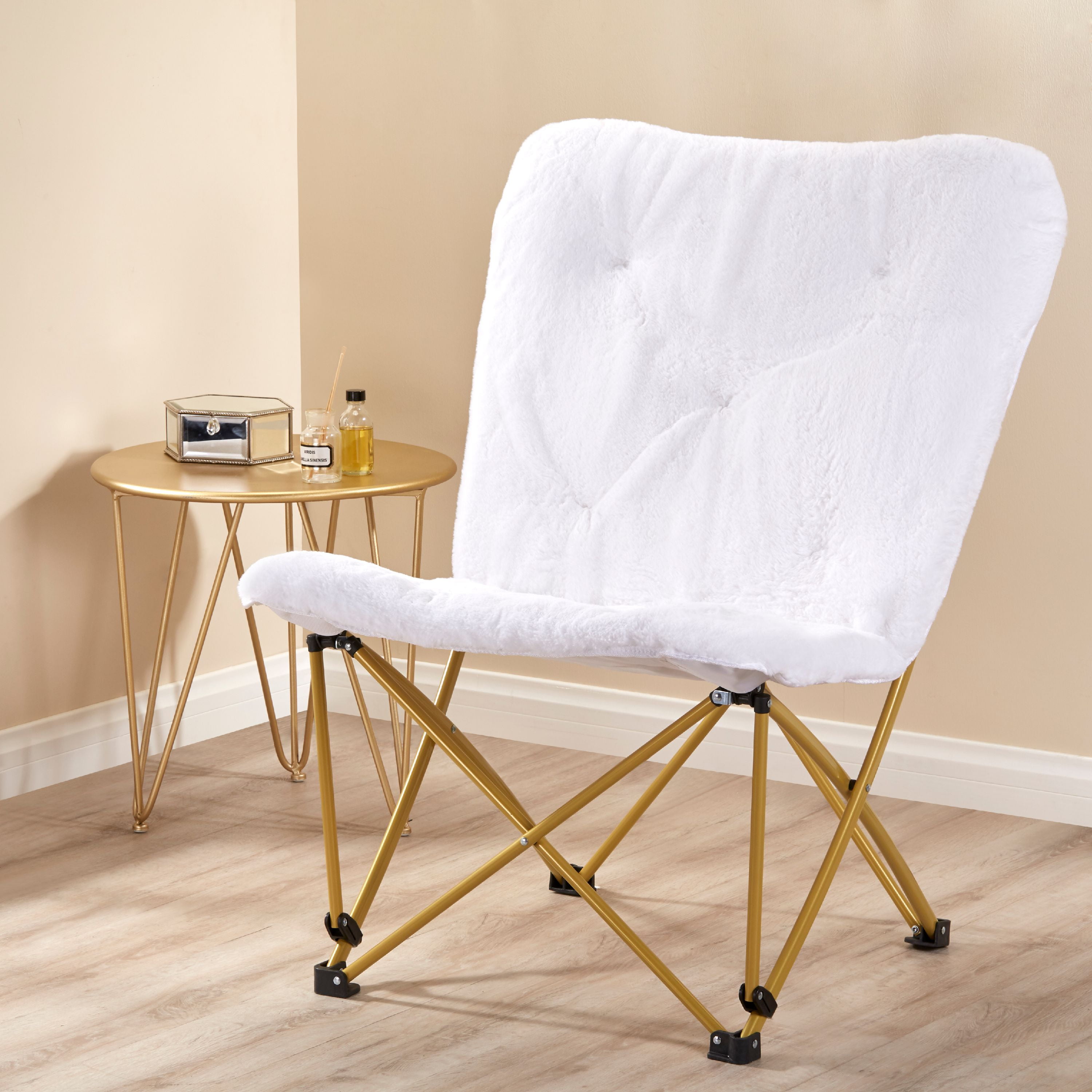Folding Memory Foam Butterfly Lounge Chair White Tufted Faux Fur