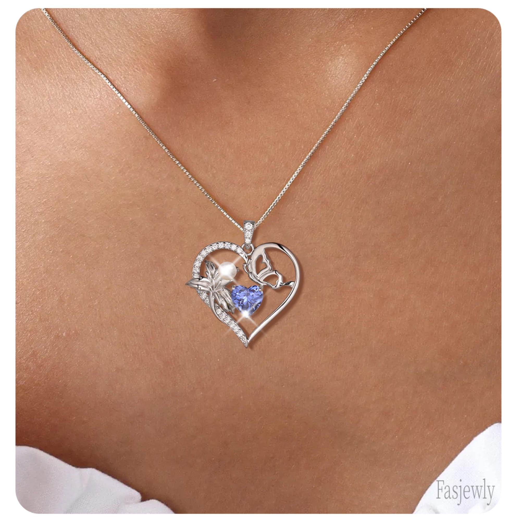 Fasjewly 925 Sterling Silver Flower Heart Birthstone Necklace,Butterfly and Iris Pearl Pendant Necklace Birthday Valentine's Day Christmas Jewelry Gifts for Women / Mom / Lovers