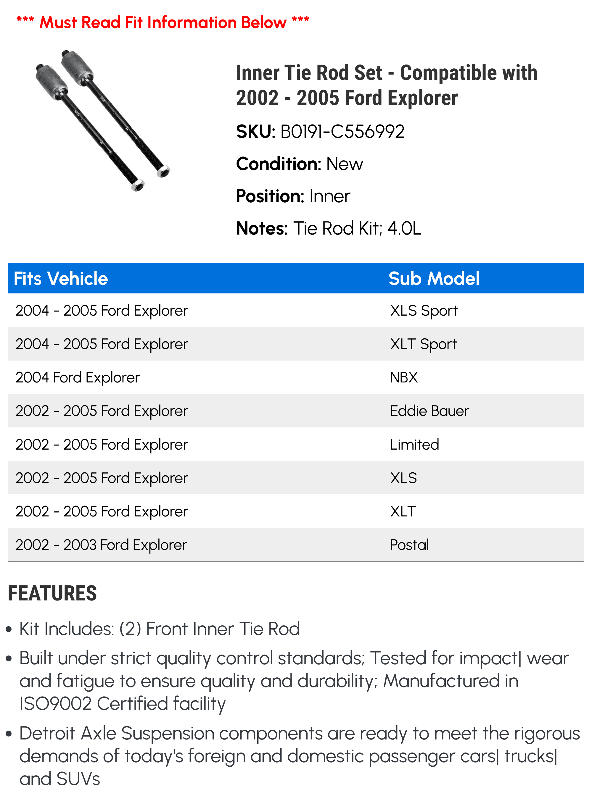 Inner Tie Rod Set - Compatible with 2002 - 2005 Ford Explorer 2003 2004