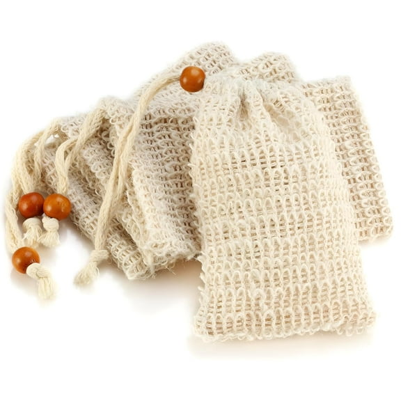PEAKTREND 4pcs Natural Sisal Soap Saver Bag Pouch Mesh Net Waste Plastic-free Exfoliating Foaming and Drying Soap Holder for Shower (Beige,14*9.5cm)