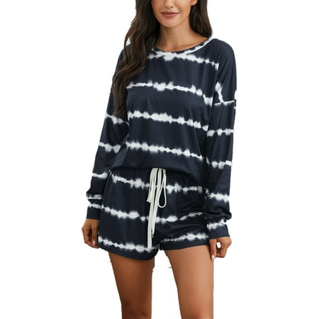 

Frontwalk Ladies Loose Top And Shorts Nightwear Suit Striped Drawstring Pjs Women Sleep Homewear Pajamas Set Black XL