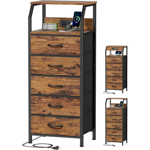 5 Drawers Dresser with Charging Station, Tall Night Stand with Storage Shelf, Fabric Chest of Drawers, Bedside Table for Closet, Entryway, Bedroom Furniture, 3 Ways to Use, Rustic Brown