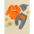 thumbnail image 3 of Baby Toddler Boys Halloween 3PCS Clothing Sets 0 3 6 9 12 Months Long Sleeve Letter Pumpkin Print Romper Striped Pants Hat Outfits, 3 of 9