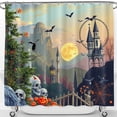thumbnail image 1 of Whimsical Halloween Shower Curtain - Gothic Landscape with Moon & Bats, 1 of 4