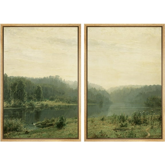 IDEA4WALL Framed Canvas Print Wall Art Set Green Forest & Lake Botanical Fine Art Abstract Geometric Nature Modern Art Farmhouse Wall Decor for Living Room, Bedroom, Office - 24"x36"x2 Natural