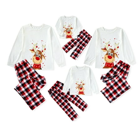 

MAMOWEAR Christmas Matching Family Pajamas Sets Xmas PJ s Sleepwear Long Sleeve Deer Printed Top with Plaid Bottom (White Kids-10T)