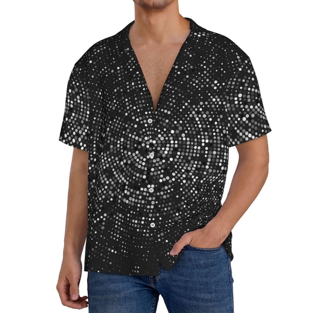 Fotbe Black And White Dotted Camisa Estampada de Manga Corta para Hombre, Casual de Verano, Estilo Playero, Sin Arrugas-X-Large