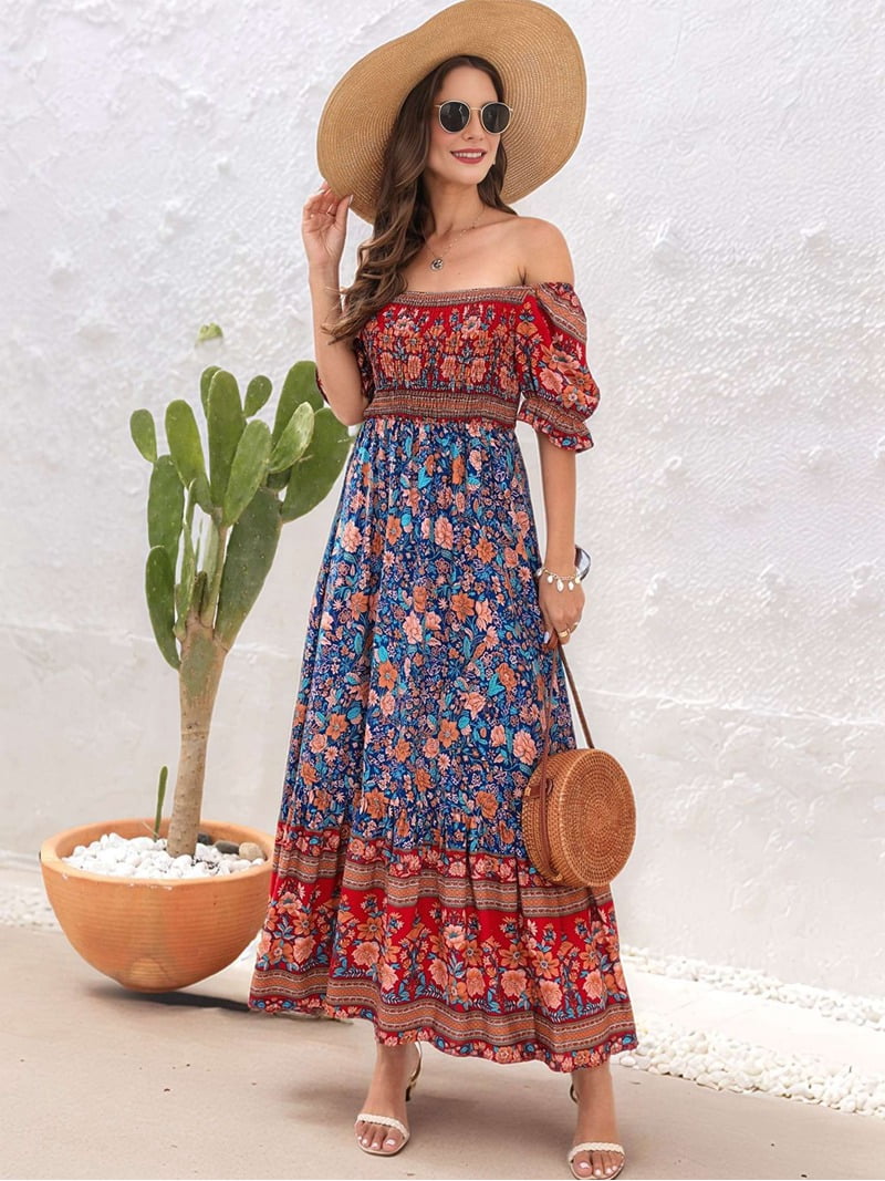 Women'S 2025 Summer Off Shoulder Boho Floral Print Tiered Casual Flowy Long Maxi Dress Blue Bottom M - Walmart.com Women'S 2025 Summer Off Shoulder Boho Floral Print Tiered Casual Flowy Long Maxi Dress Blue Bottom M - Walmart.com