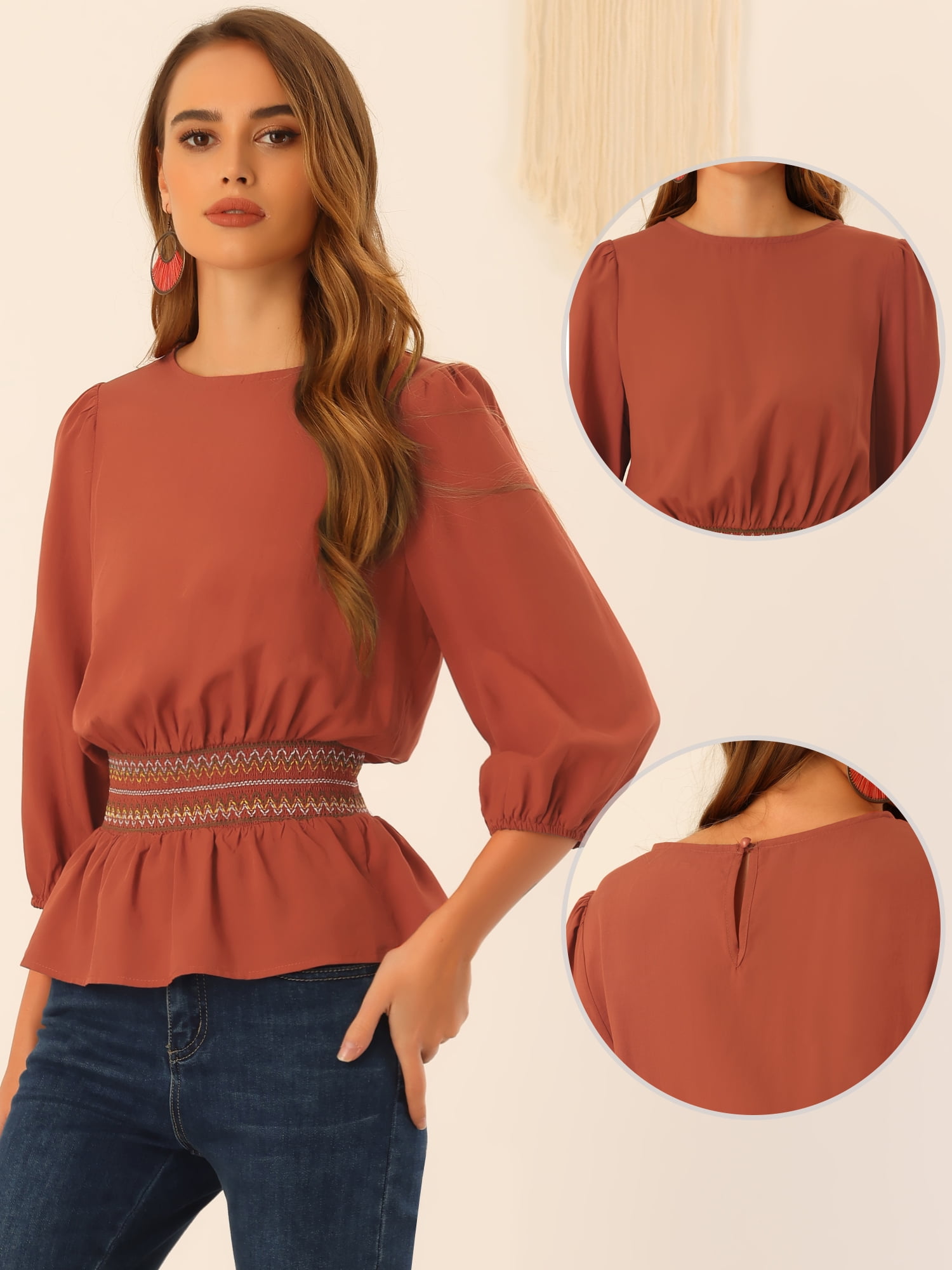 DARING DIVA Peplum Top Puff Smocked Waist Blouse S Orange