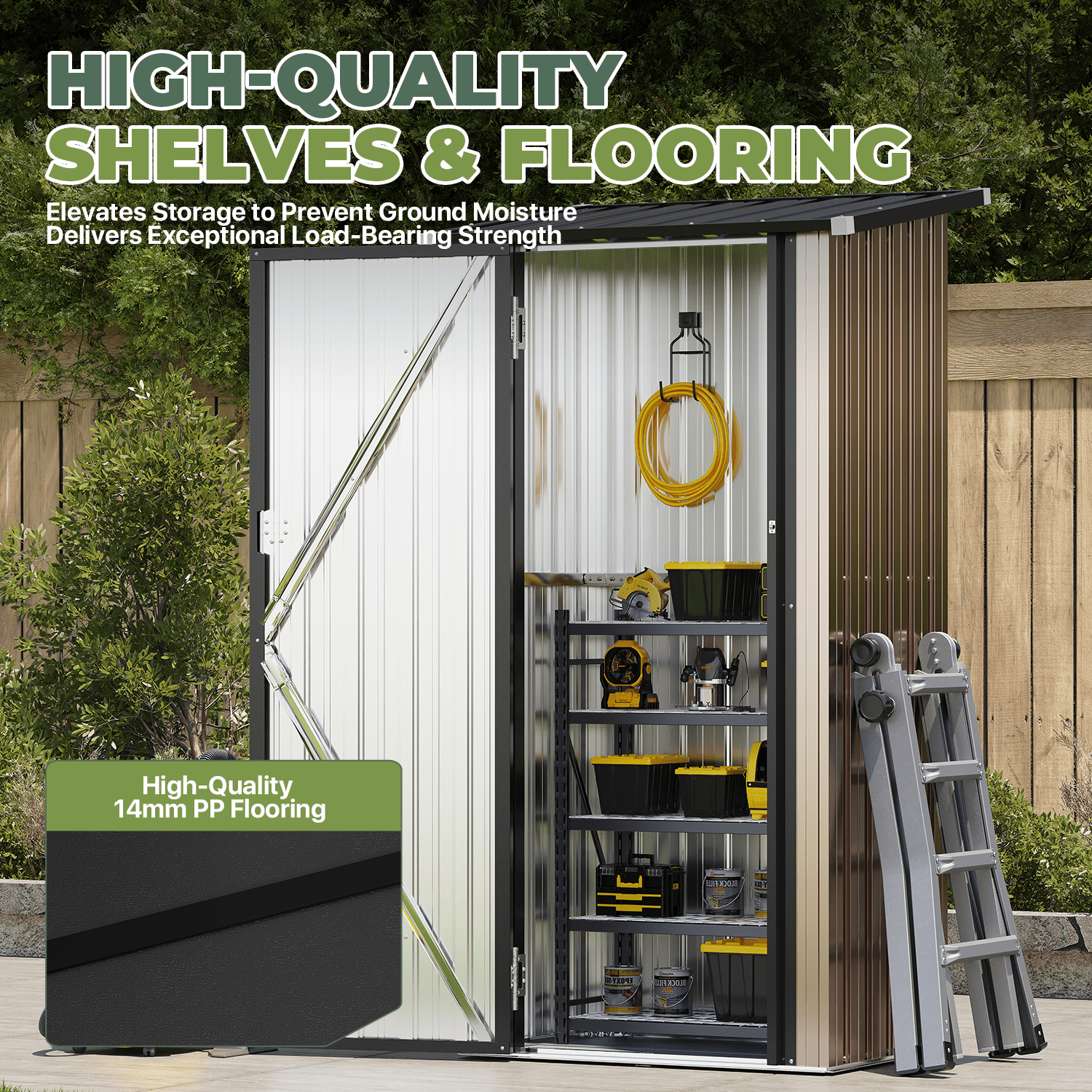 BaPiPro 3x3 ft Small Outdoor Storage Shed with Floor & 2 Metal Shelves, Metal Tool Shed with Lockable Door for Garden Storage, Storage Cabinet Brown