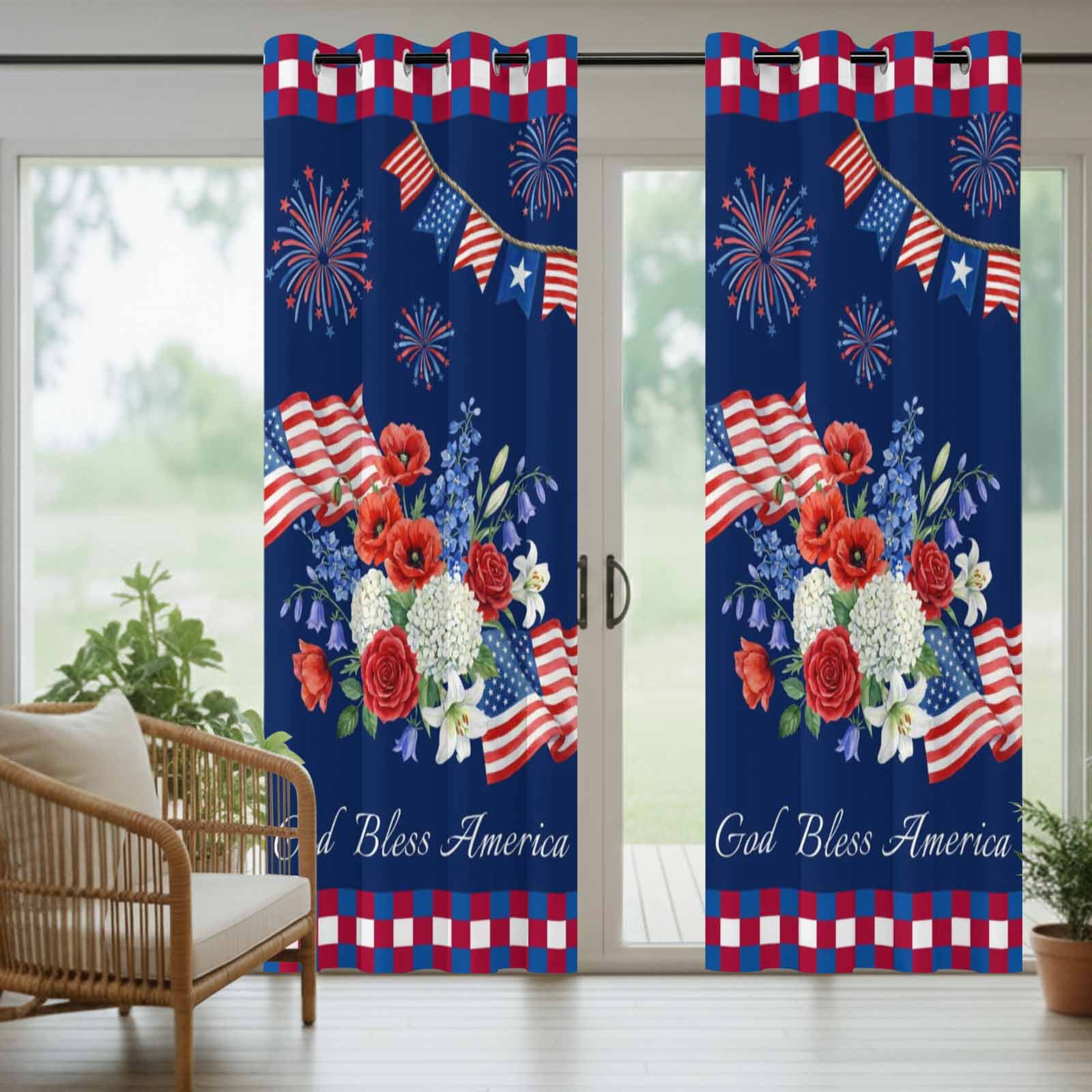 Independence Day Outdoor Curtains for Patio, Red Blue USA Flag Floral Fireworks Dark Blue Sunshade Privacy Drapes Grommet Waterproof Outside Curtains for Porch/Cabana/Balcony 54"x 108", 1 Panel