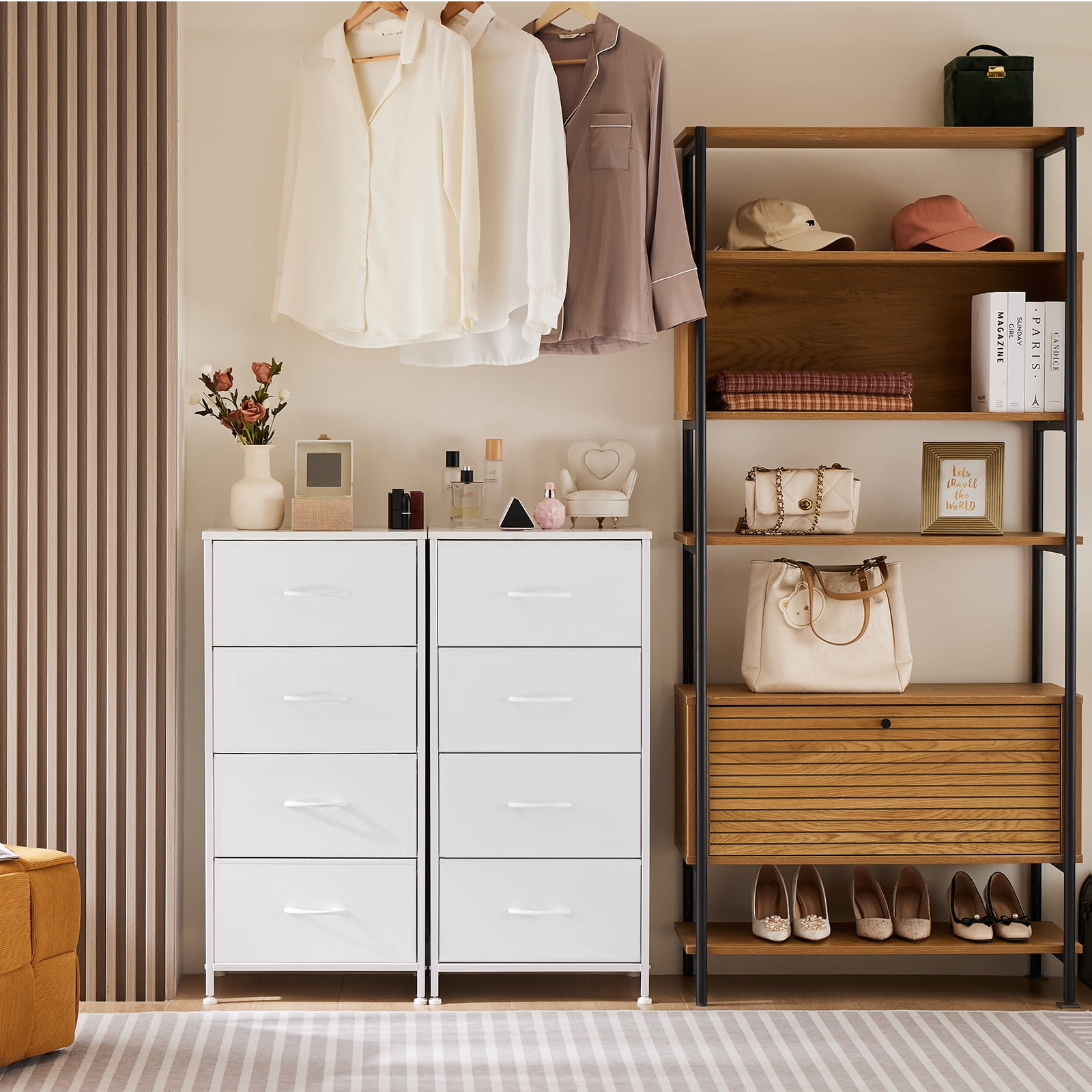 EDX 4 Drawer Fabric Dressers Cabinet, Ideal for Living Room & Bedroom Storage, White-1