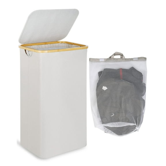 Efluky Laundry Basket with Lid and Removable Bag, 100L Tall Laundry Hamper with Bamboo Handles, Aesthetic Dirty Clothes Bin for Laundry Room, Bathroom, Bedroom and Dorm, Light Grey