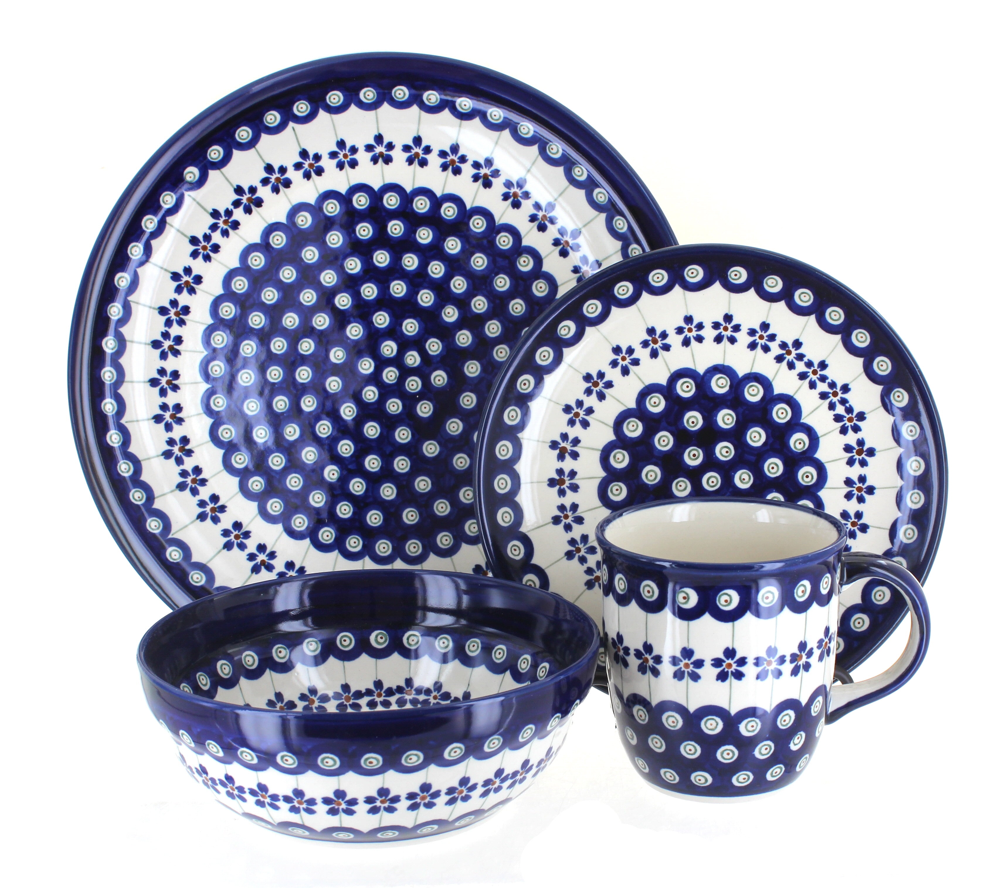 Blue Rose Polish Pottery Flowering Peacock 16 Piece Dinner Set