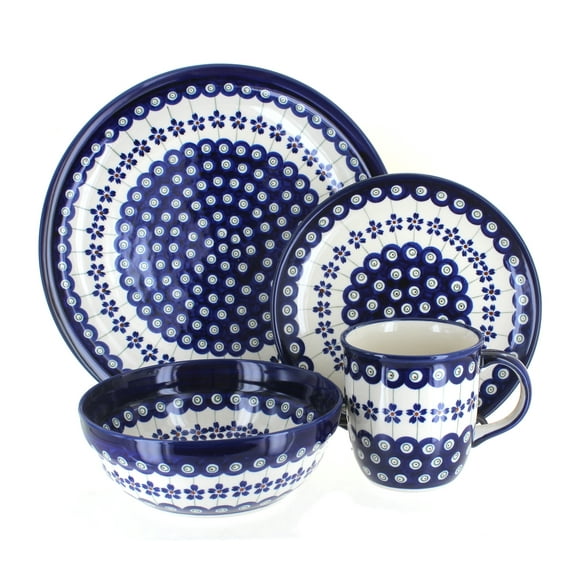 Blue Rose Polish Pottery Flowering Peacock 16 Piece Dinner Set