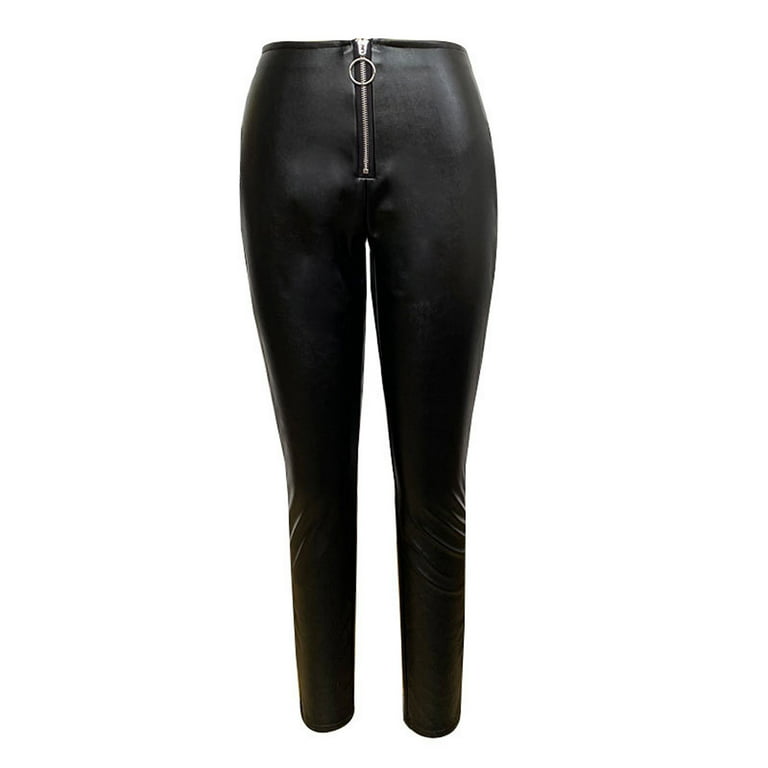 SMihono Women's High Waist Solid Colour Zipper Skinny Casual Bottoms  Leather Pants Fashion Womens Zipper Casual Trousers Sexy Leather Tight  Leggings Pants Black 8 