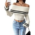 thumbnail image 3 of Womens Off One Shoulder Sweater Tops Summer Long Sleeve Stripe Casual Loose Knit Trendy Going Out Tops White S, 3 of 10