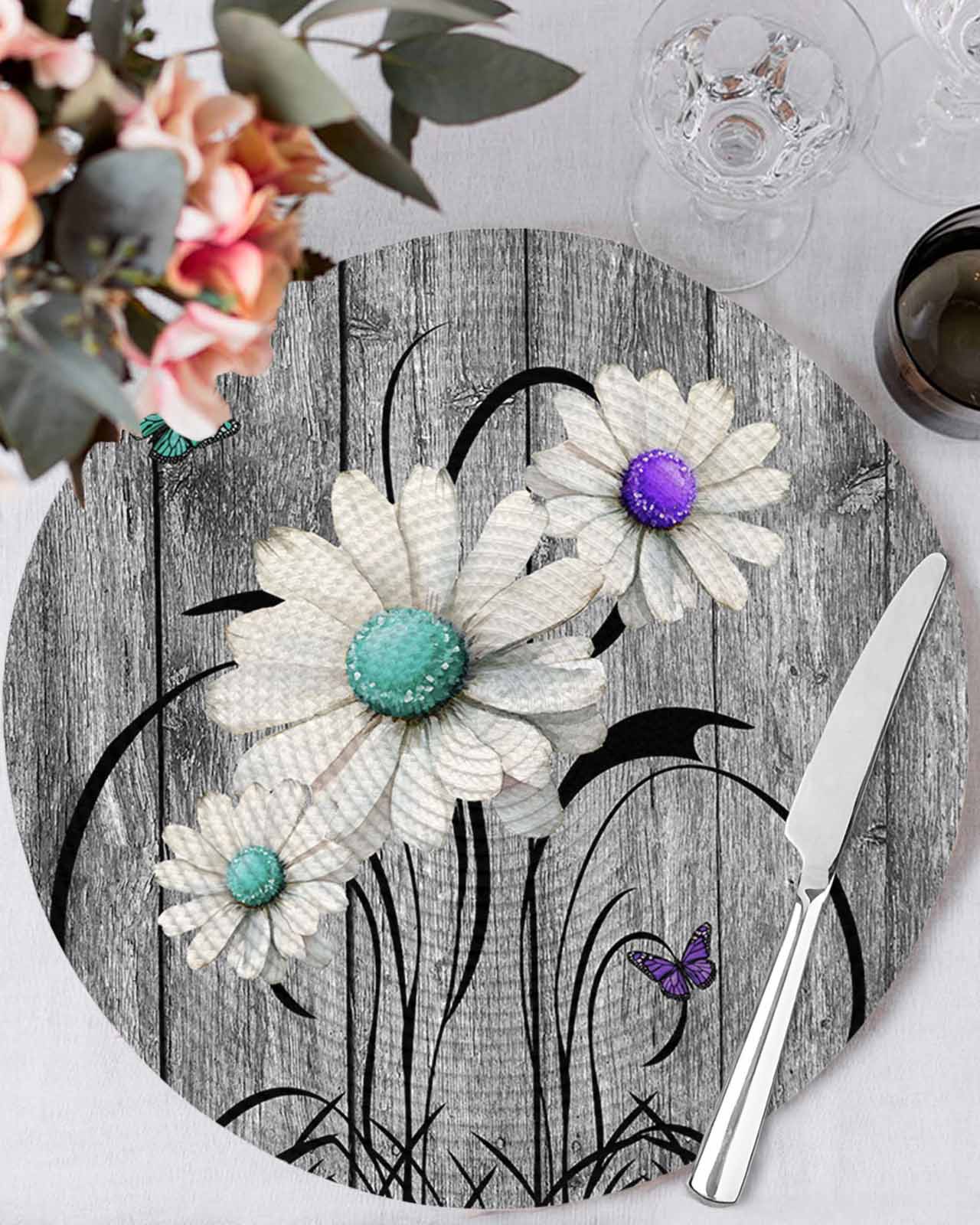 Round Placemats Set of 4 Rustic Daisy Place Mats Washable Woven Placemat Teal Sunflower Grey Wood Grain Circle Braided Table Mat for Kitchen Dining Table Party Home Decor 15 Inch