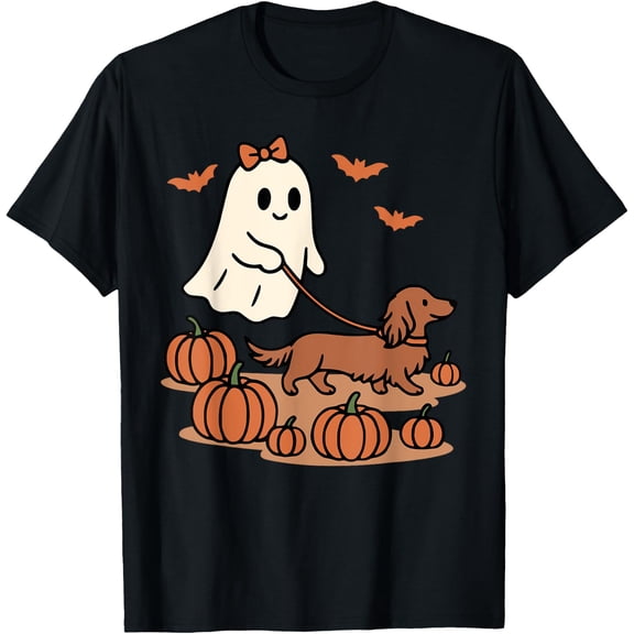 Ghost Walking Long Haired Dachshund Dog Halloween Doxie Mama T-Shirt Size S-5XL