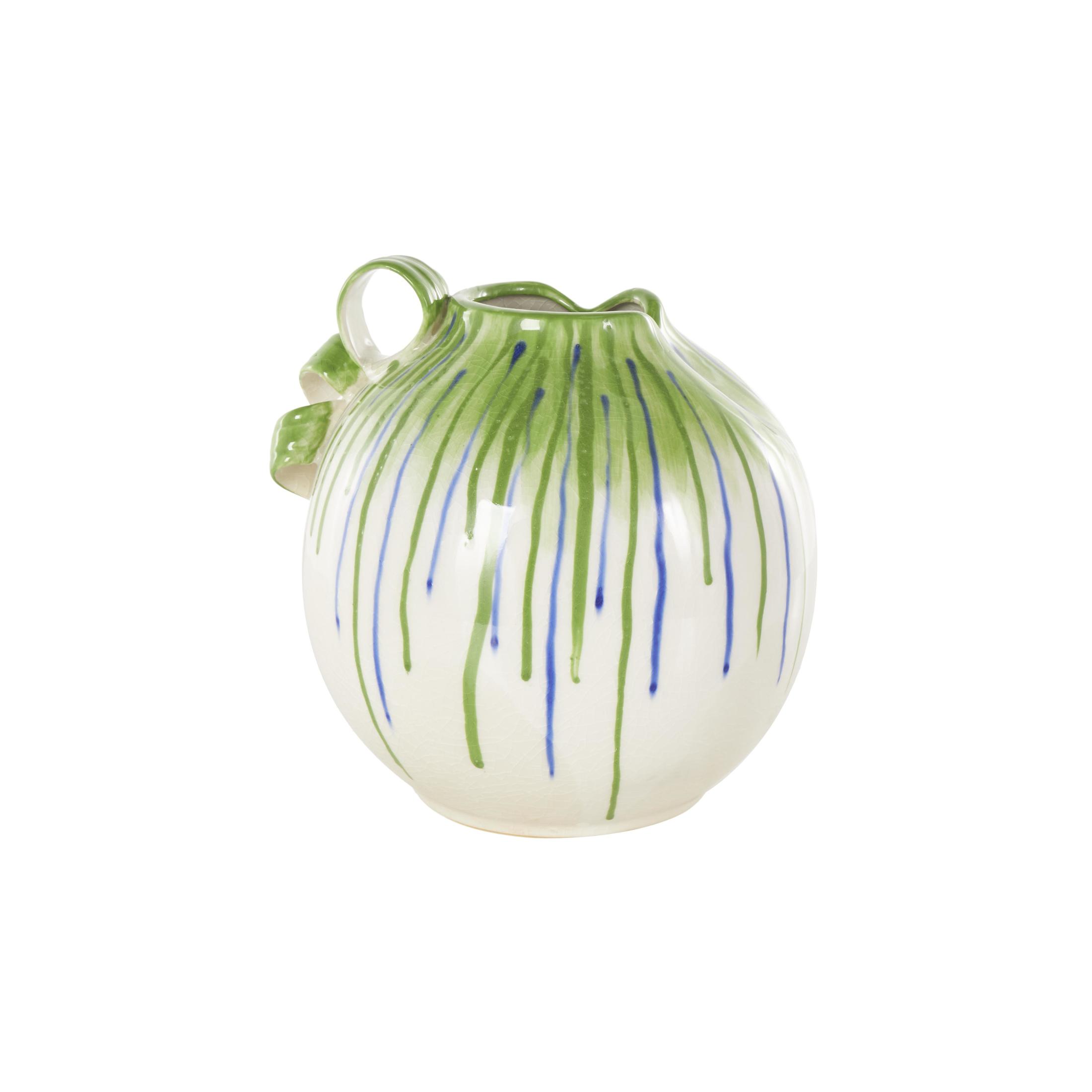 DecMode 11" Abstract White Ceramic Vase with Green and Blue Drip Design and Handles