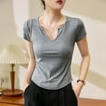 thumbnail image 2 of Fashion Olyvenn Women's Summer Ribbed V-Neck Tee Thin Knit Casual Office Top Slim Fit Solid Color Cap Short Sleeve Pullover Gray S, 2 of 7