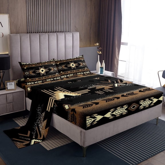 Erosebridal Boho Bohemian Sheet Set Twin,Black Brown Bedding Sets Twin Size,Microfiber Bed Sheets Twin,Aztec Decor,3pcs