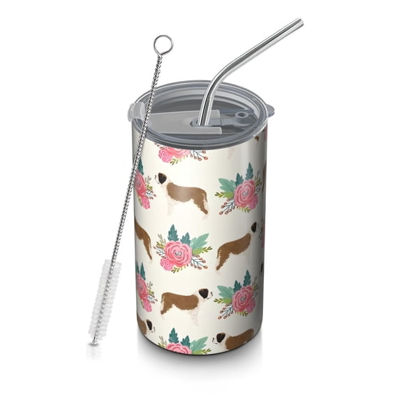 20oz Coffee Tumblers Saint Bernard Dog Breed and Flower Floral Stainless Steel Vacuum Insulated Travel Tumbler Coffee Cups Mug with Lid and Straw with Cleaning Brush for Cold & Hot Drinks