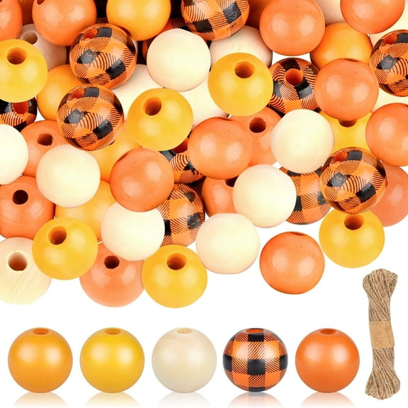 100 Pcs Halloween Wood Beads, 16mm Buffalo Plaid Wood Beads, Fall Wooden Beads, Thanksgiving Wood Beads, Yellow Farmhouse Beads for DIY Craft Supplies Home Decoration