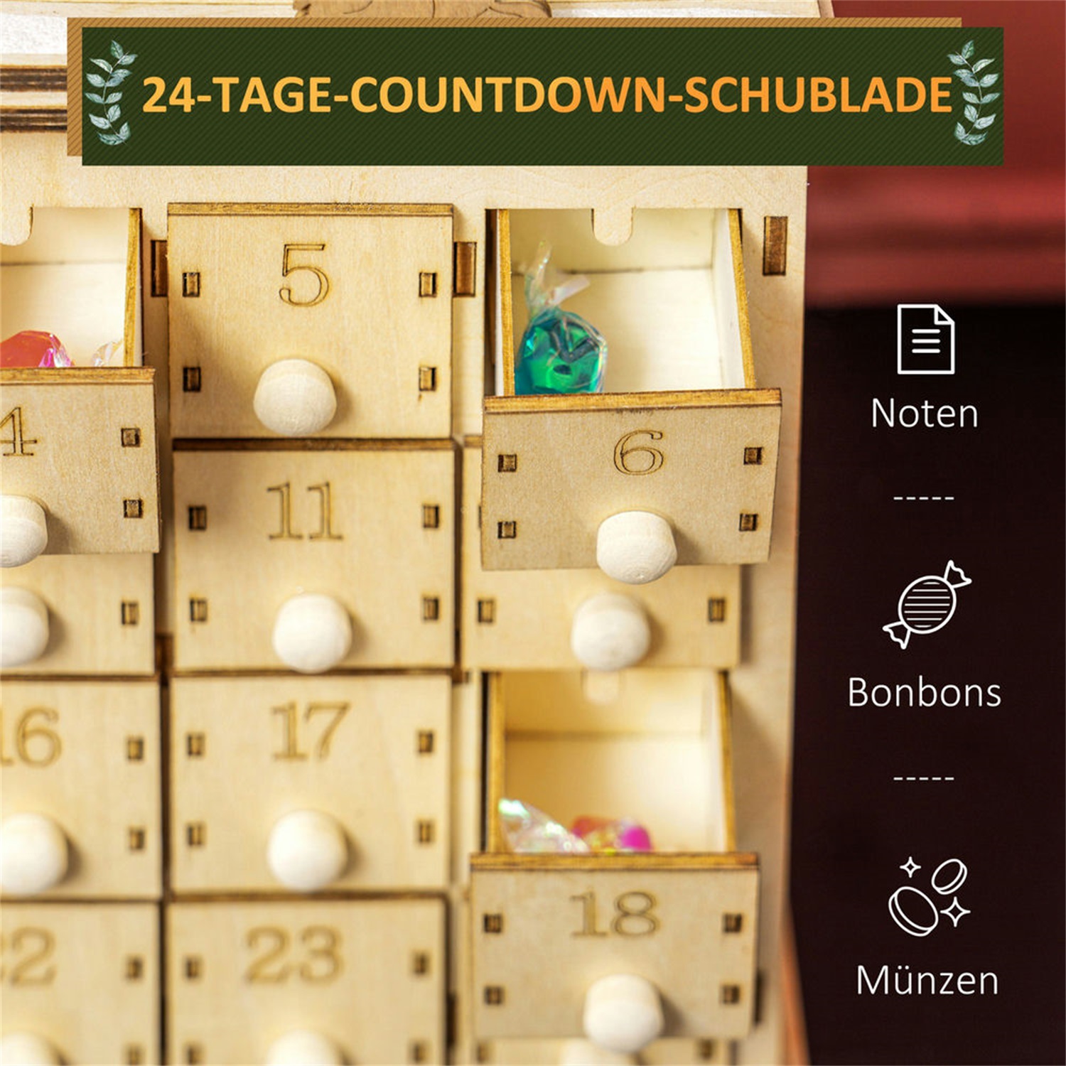 Hommoo Decorations,Christmas Advent Calendar, Light Up Wooden Countdown Calendar with 24 Drawers and LED Lights for Kids and Adults, Battery Operated, Natural
