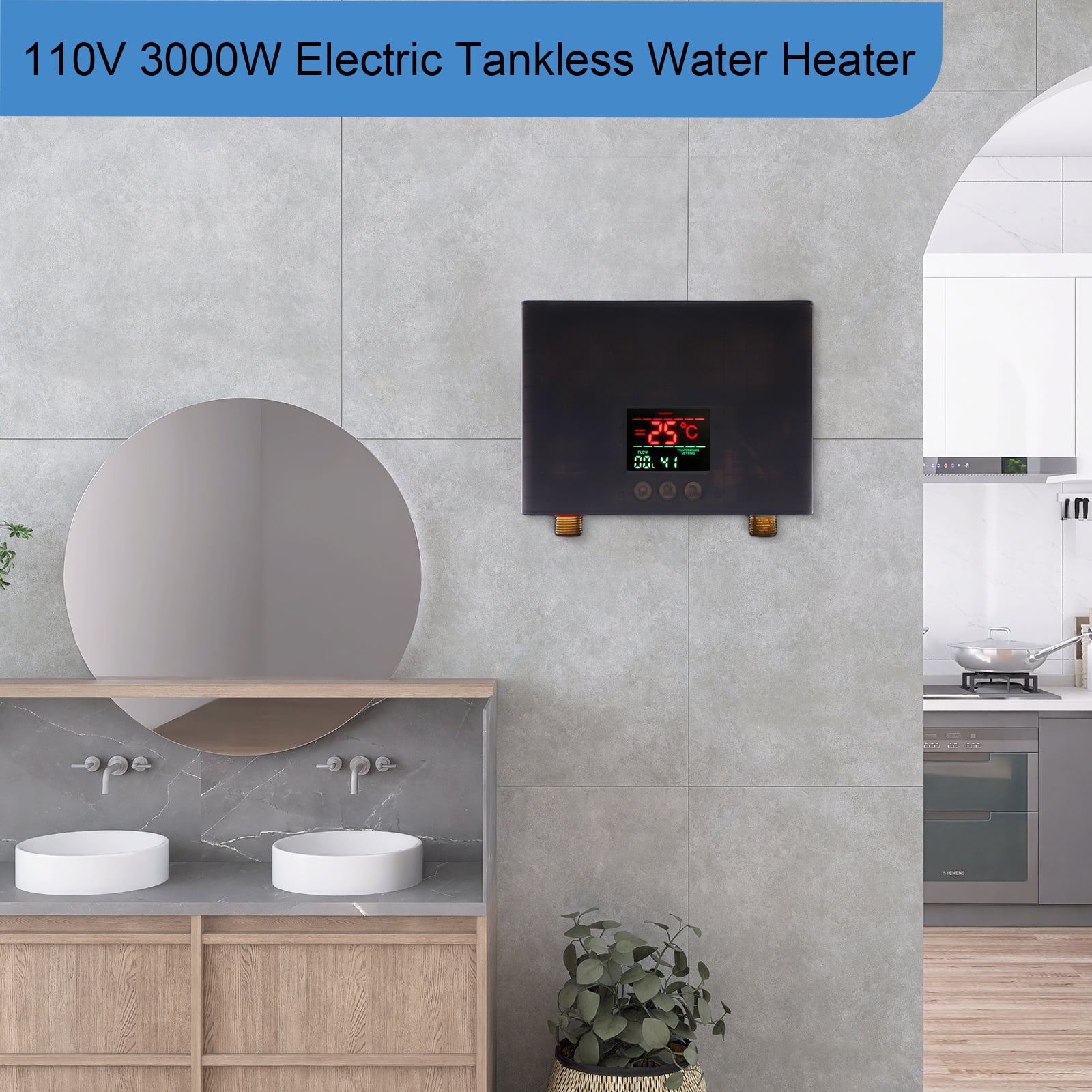 3000W Tankless Electric Water Heater – Instant Hot Water, Smart Thermostat, Compact Design, Energy-Efficient, Ideal for Kitchens, RVs, and Small Spaces