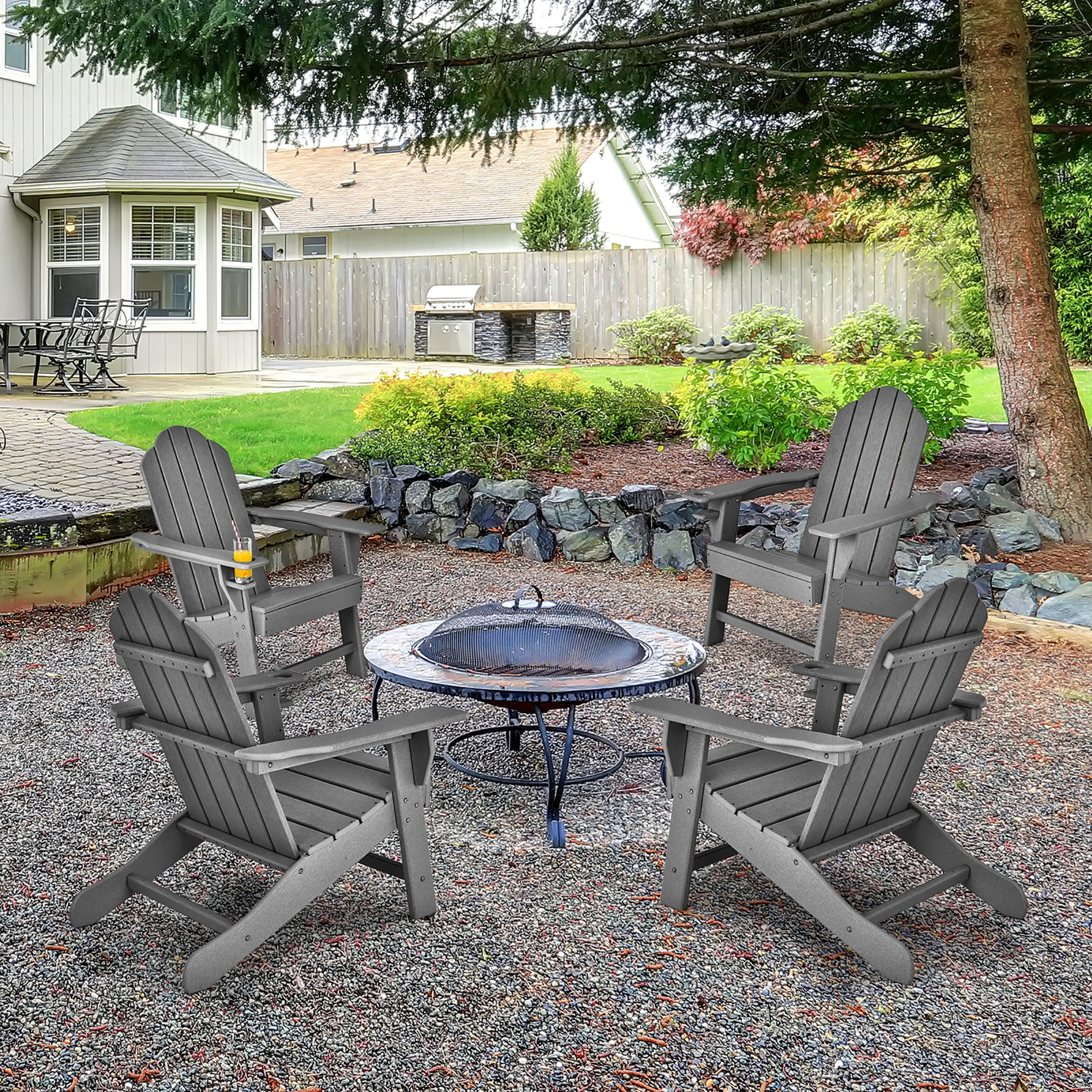 Costway Patio Adirondack Chair Weather Resistant Garden Deck W/Cup Holder Grey