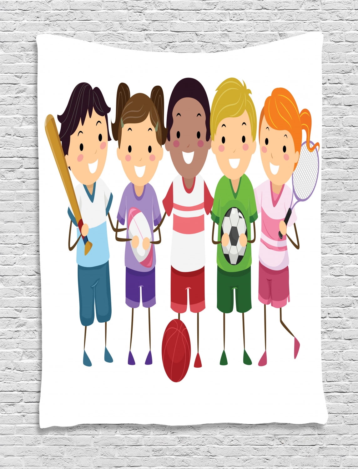 Kids Sports Tapestry, Children Team Playing Football Baseball Tennis