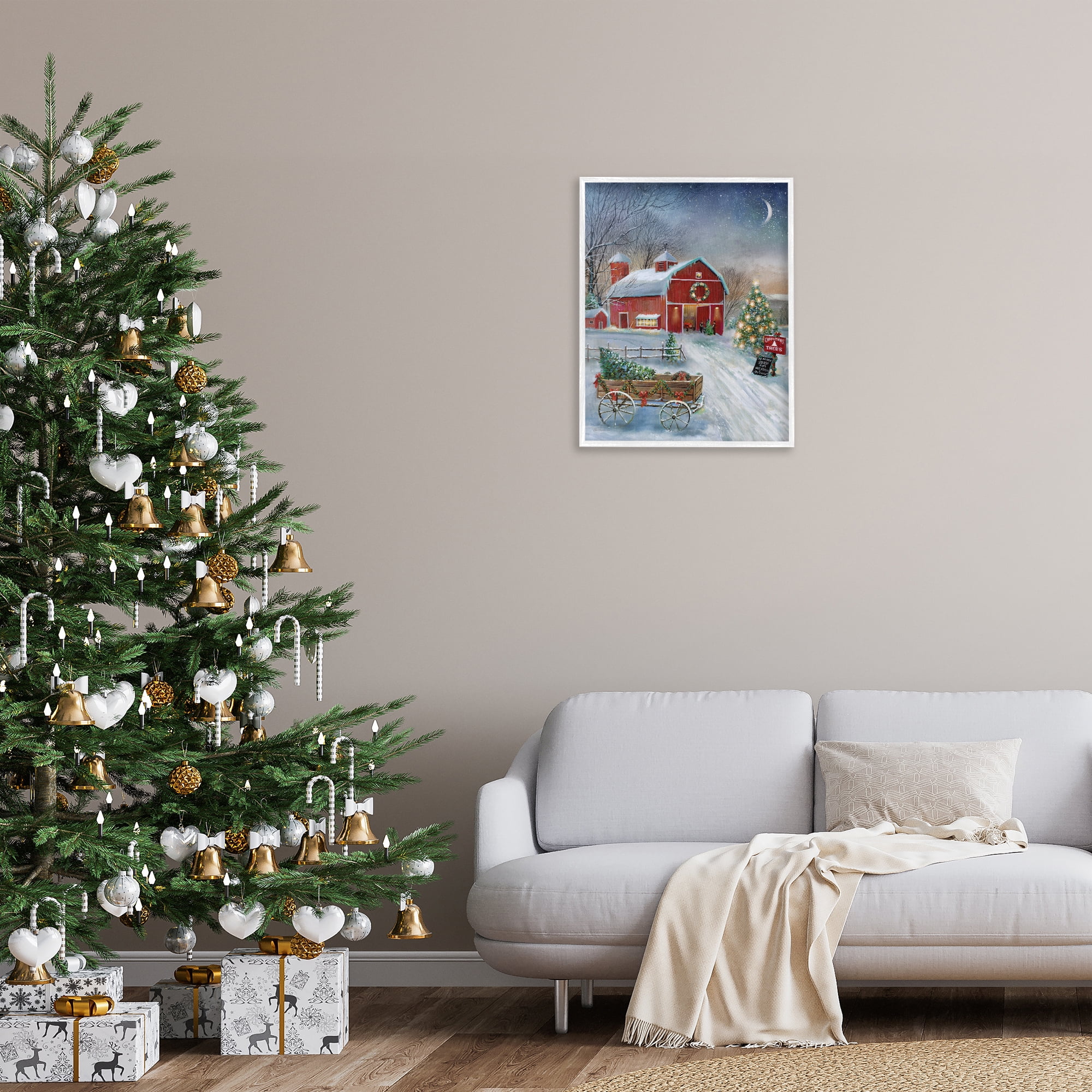 Stupell Industries Holiday Wagon & Barn Holiday Painting White Framed Art Prints Wall Art, 24 x 30
