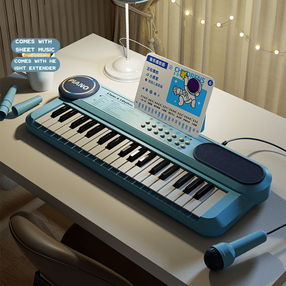 Funtogether Toys Kids Piano Keyboard, 37-Key Portable Electronic Musical Instrument with Microphone & Music Stand, Educational Toy for Beginners with Record & Play Function