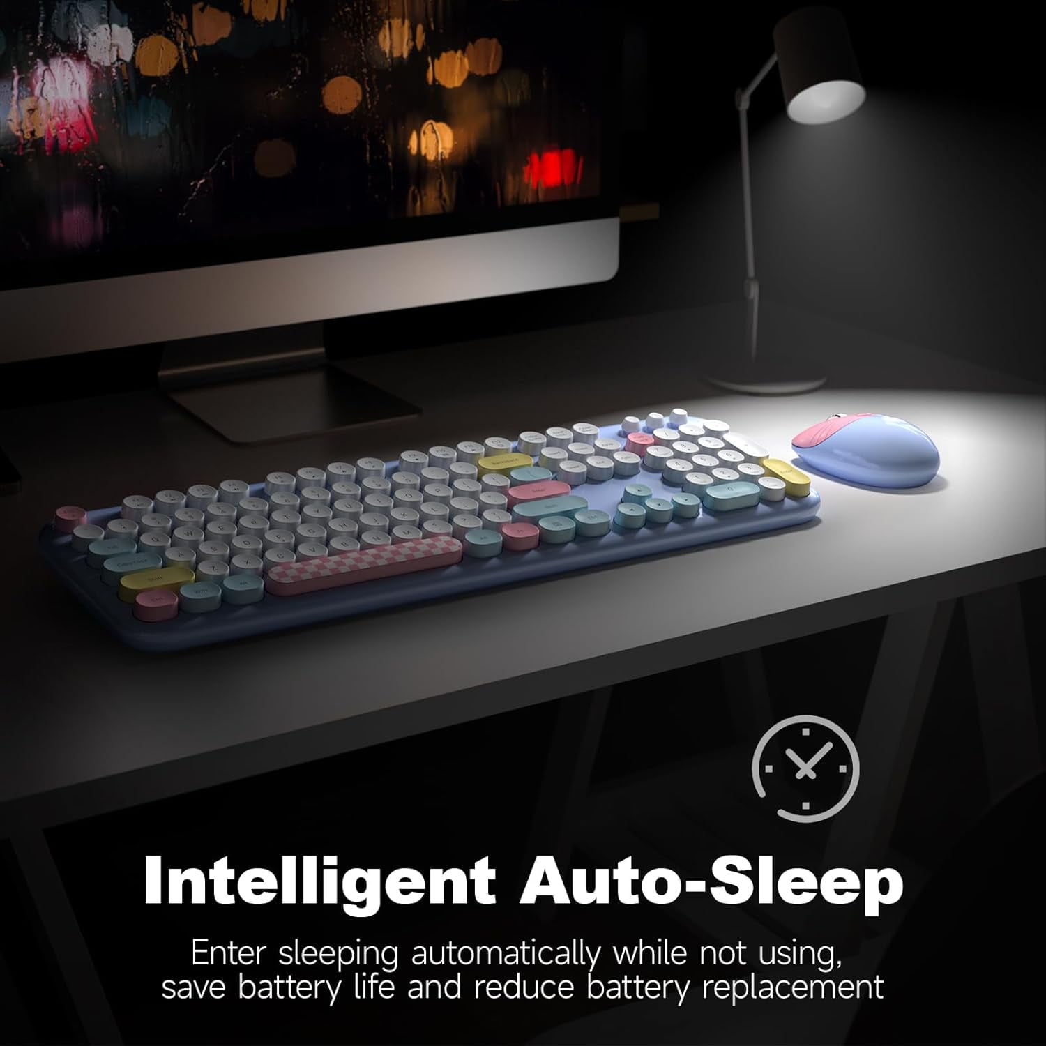 MOFII Wireless Keyboard and Mouse Combo 2.4GHz Retro Full-Size Keyboard with Number Pad and Cute Wireless Mouse (Light Blue Colorful)