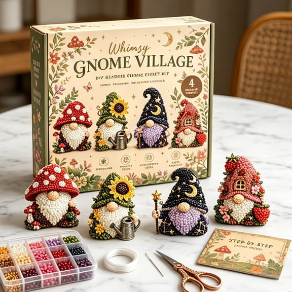 3D Beaded Village DIY Kit for Adults Complete 4 Piece Whimsical Garden Beadwork Figurine Making Set with Beads Wire Tools & Instructions for Home Decor