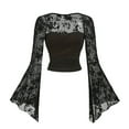 thumbnail image 3 of Uootdi Women's Floral Knot Front Tops Cropped Mesh Ruffle Long Bell Sleeve Y2K T Shirts Goth Tee Fall Clothes Gift, 3 of 5