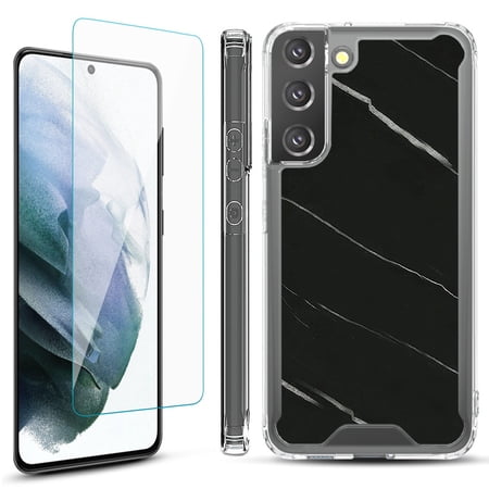 Shockproof Bumper Phone Case for Samsung Galaxy S22+ / S22 Plus 5G with Tempered Glass Screen Protector by OneToughShield ® - Marble / Black