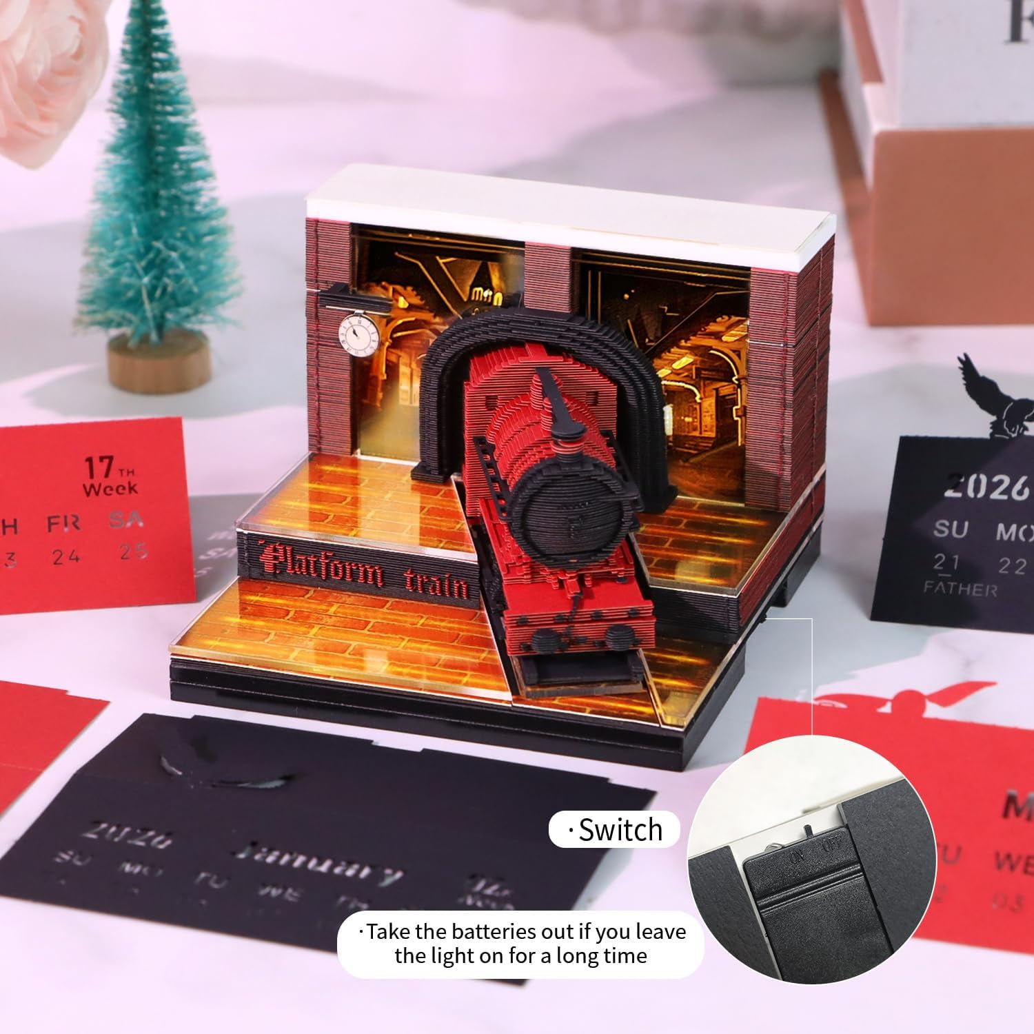 3D Calendar 2026 with LED and Switch, Christmas Tree Time Piece Calendar Tear-Away Paper Art Notepad Creative 3D Memo Artsy Pad Calendars for Record Planner Bookmark Gift Decorative Decor (No battery
